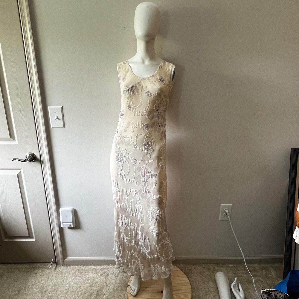 Vintage Simply Silk Floral Burnout Maxi Dress Y2K Boho Fairycore Ivory 90s S